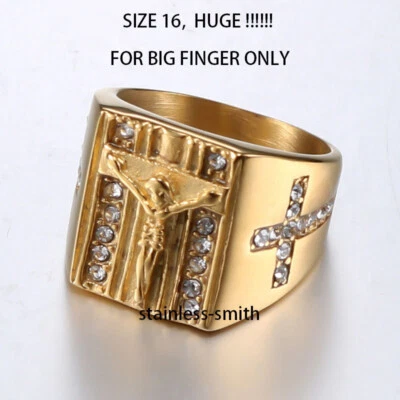 Anillo crucifijo de Jesús talla 16 chapado en oro de acero inoxidable SMITH para hombre Foto 1 de 3