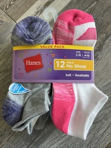 NEW Hanes Girls No Show Soft Breathable 12-Pack Size Large 4-10 MultiColor Socks - Picture 1 of 1