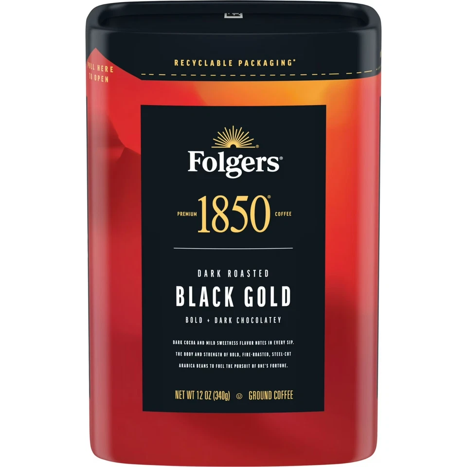 Folgers 1850 черный золотой темной обжарки кофе, 12 унций перерабатываемый контейнер - Изображение 1 из 1