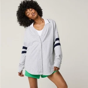 Offline By Aerie Cardigan Sweatshirt Size Med Oversized NWT New Gray Blue Stripe - Picture 1 of 13