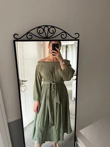 Worn - ASOS Design Off Shoulder Olive Colour Summer Dress - Maternity Size 14 - Picture 1 of 7