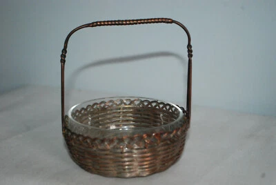 Silver Plated Metal Weave Basket With Swinging Handle with Removable Glass Liner - Image 1 of 4