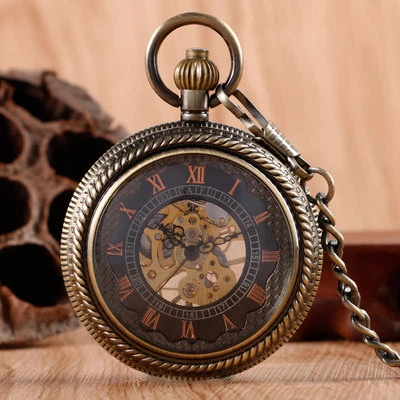 Retro Roman Numerals Skeleton Copper Analog Mechanical Women Pocket Watch Gift - Image 1 of 4