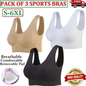 3 Pack Seamless Sports Bras Crop Vest Wirefree Comfort Stretch Removable Pad Bra - Picture 1 of 17