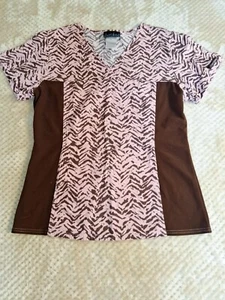 Cherokee Womens Scrub Top Sz S Pink And Brown Fun Print Two Pockets - Picture 1 of 10