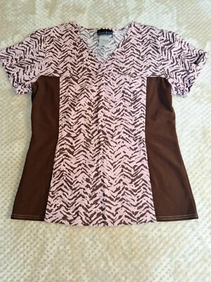 Cherokee Womens Scrub Top Sz S Pink And Brown Fun Print Two Pockets - Image 1 of 4
