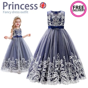 Kids Girls Dress Up Embroidered Flower Lace Princess Wedding Birthday Party Gown - Picture 1 of 11