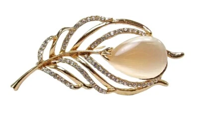 Flower Pin Brooch with Large White Cat Eye Stone and Clear Crystals Fashion New - Image 1 of 4