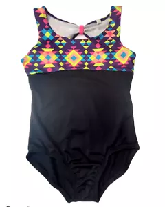 Circo Girls 1-Pc Swimsuit S(6-6X) Black Multicolor Geometric Yoke Keyhole Back - Picture 1 of 6
