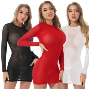 Mini vestido ceñido al cuerpo de malla transparente hueca para mujer y mujer manga larga - Imagen 1 de 40