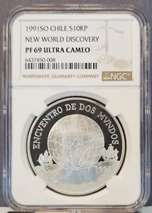 1991 CHILE SILVER 10000 PESOS NEW WORLD DISCOVERY NGC PF 69 ULTRA CAMEO TOP POP - Picture 1 of 3