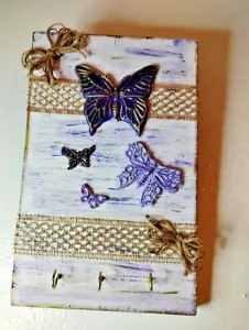 Beautiful Handmade Wood Key Holder w/ Purple Resin Butterflies and Gold Accents. - Picture 1 of 5