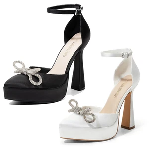 Women Ankle Strap Close Toe High Chunky Heel Wedding Party Pump Shoes - Picture 1 of 14
