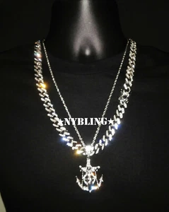 3PC SET, Miami Cuban Chain CZ Necklace, Rope Chain, Jesus Anchor Pendant Plated - Picture 1 of 13