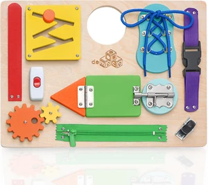 Toddler Busy Board, Premium Wooden Montessori Busy Board with 10 Learning Activi - Picture 1 of 12