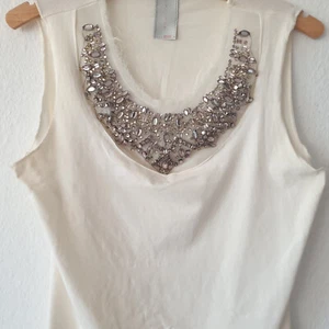 2x getragen SCHUMACHER Luxus Shirt SWAROVSKI STEINE SILBER 38 40 creme weiß - Bild 1 von 7