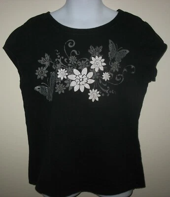 XHILARATION - M 7/8 - 黑色,闪亮白色 - 100% 棉帽袖 T 恤 — 第 1/3 张图片