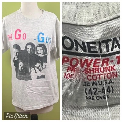 Camiseta De Colección Años 80 The GoGos Doble Cara de Oneita Talla L Gris Puntada Única Para Mujer Foto 1 de 4