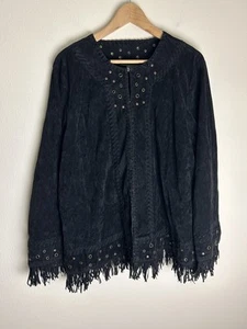 Canyon Road Vintage Western Grommet Jacket Blazer Suede Black 2X Leather Fringe - Picture 1 of 4
