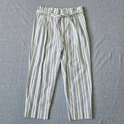 Madewell Linen Blend Paperbag Pants Womens 10 White Striped Belted Loungewear - Image 1 of 4