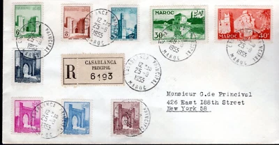 1955 Morocco Maroc CASABLANCA Registered Mail Multi-Stamp Cover to NY USA - Image 1 of 2