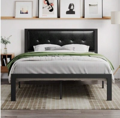 Bed Frame With Upholstered Headboard Platform Bed Frame Noise Free metal Slats - Image 1 of 4