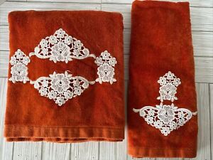 Vintage Martex Set Bath Towel & Hand Towel Dark Orange Embroidered Plush Soft!