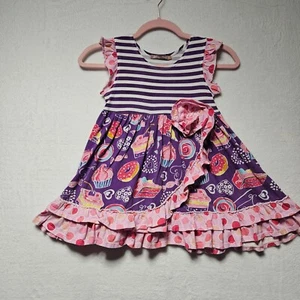 Jelly the Pug Cupcake Dress Ruffle Accent Party Outfit Purple Striped Girls SZ 6 - Picture 1 of 10