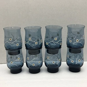 Libby Libbey 8 Smoke Blue 12 Oz Drinking Glasses White Flowers Vintage - Picture 1 of 8