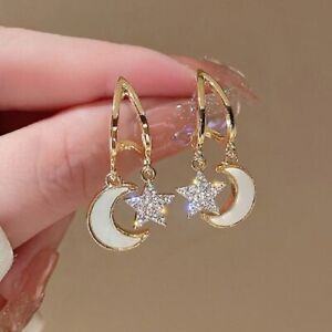 Gold Plated Crystal Moon Star Earrings Stud Drop Dangle Wedding Women Jewelry