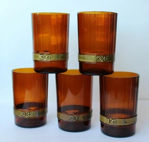 (5) Vasos de alta bola de vidrio ámbar con correa de metal Latchford-Marble Co MCM 1939-57 - Imagen 1 de 6