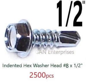 Hex Washer Head #8 x 1/2" Zinc TEK Self Drilling Sheet Metal Screws 2500 Qty  - Picture 1 of 3