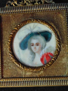 Tiny 19th C Antique French Bronze Miniature Lady Portrait Painting Easel Velvet - Picture 1 of 8