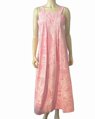 Vtg 70s Tahiti Imports Sz S Maxi Sun Dress Empire Waist Pink Shells Hawaii Beach - Image 1 of 4