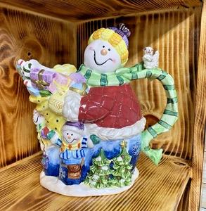 Hand Painted Ceramic Multi Color Snowman Pitcher 9.5" x 7.5" x 9.5" - Picture 1 of 22