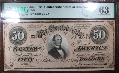 1864 $50 Confederate States Of America PMG 63 T-66 Minor Rust - Image 1 of 2
