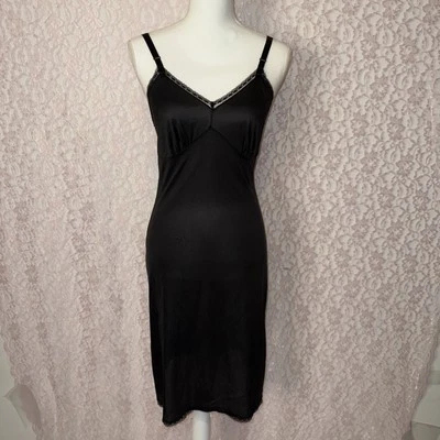 Vintage Camelot Black Nylon & Scalloped Semi Sheer Lace Slip Dress Size 32 Bust - Image 1 of 4