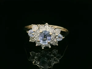 9ct Yellow Gold, Iolite & Diamond Cluster Ring - Size N 1/2 - Picture 1 of 11
