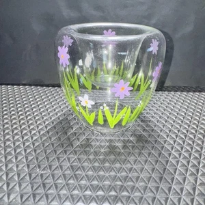 Vtg Hand Painted Spring Flowers Glass Votive Candle Holder Decorative Boho Chic - Picture 1 of 8