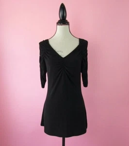 Taglia: M Top nero scollo a V scrunchy manica 3/4 stile tunica donna - Foto 1 di 10
