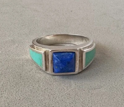 Anillo de plata esterlina lapislázuli y turquesa diseño suroeste Tailandia talla 7;X642 Foto 1 de 4