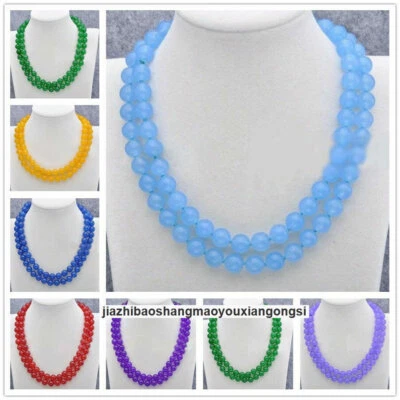 Colar feminino 8/10 mm pedra preciosa jade quartzo natural contas redondas 2 fileiras 35 pol. - Imagem 1 de 4