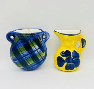 Vintage Wall Pockets Ceramic Vase Yellow Blue Flower Plaid Lot of 2 - Picture 1 of 9