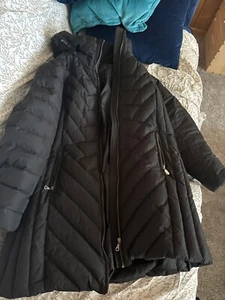 DKNY langer gefütterter Mantel Cheveron Walker Damen Größe XL schwarz Reißverschluss Kapuze Taschen - Bild 1 von 4