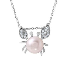 Collier en argent sterling avec pendentif crabe perle d'eau douce et pierres CZ
