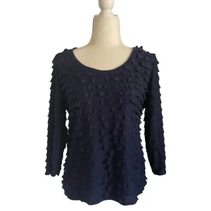 Shrinky Dink Womens Ruffled 3/4 Sleeve Top Size L 95% Polyester 5% Spandex Navy - Picture 1 of 4