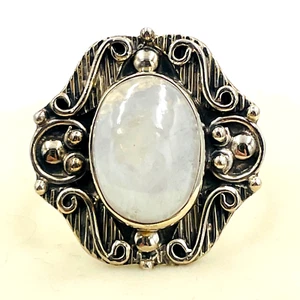 Anillo Piedra Luna Cabochen Nuevo Cuentas/Pergamino Filigrana Estampado 925 STS Talla 10 Boho - Imagen 1 de 12