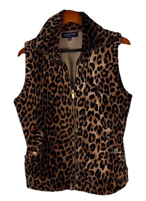Colete de veludo Jones New York Signature estampa de leopardo M marrom colarinho zíper - Imagem 1 de 4