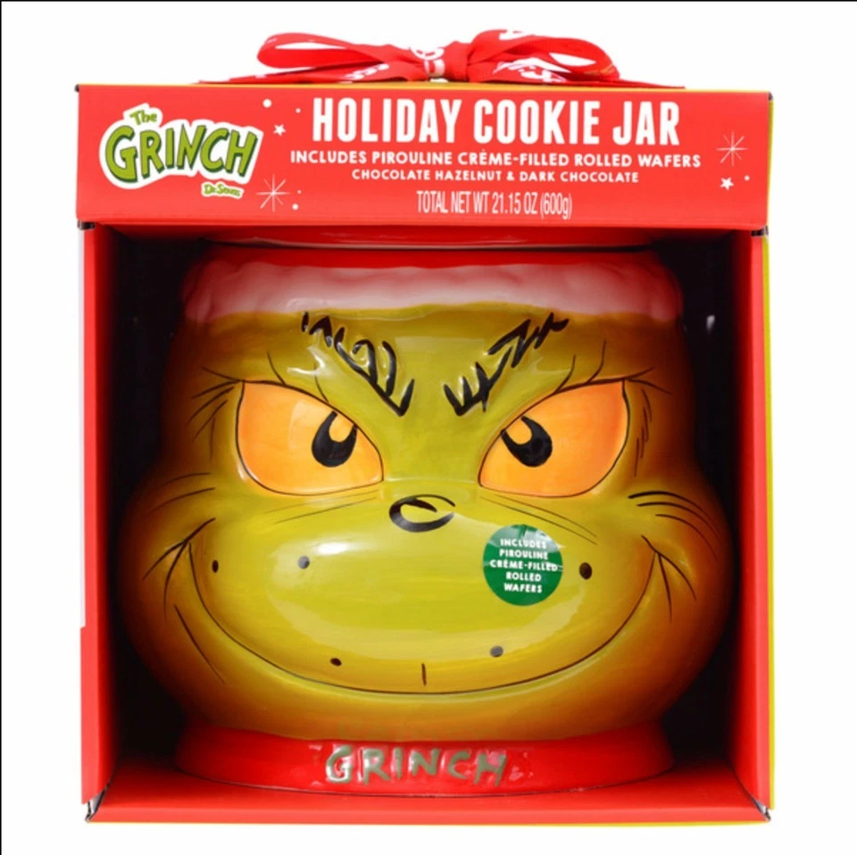 DR SUESS New Dr Seuss The Grinch Holiday Cookie Jar - Pirouline Crem Filled Rolled Wafers