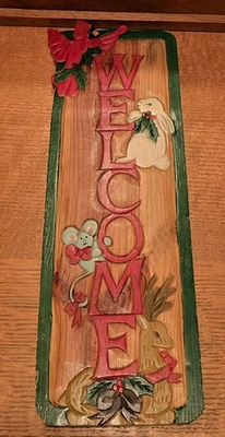 Handcraft Wood Christmas Welcome Sign Redbird Rabbit Deer Mouse Folk Art Rustic - Image 1 of 4